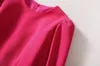 2023 Autumn Rose Red Solid Color Dress Long Sleeve Round Neck RhinestoneMidi Casual Dresses A3S15