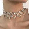 Chokers Luxury Rhinestone Mesh Shape Short Choker Necklace Charm Neck Jewelry For Women Bling Crystal Hollow Tassel Party Gifts256N