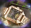 Populaire carré romain réservoir lune soleil cadran hommes montre 42mm entièrement mécanique mouvement automatique horloge d'affaires hommes jour date président beau montre-bracelet cadeaux