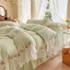 Ensembles de literie coton romantique français mariage chic fleurs dentelle bord femme ensemble de luxe lavé filles housse de couette drap de lit