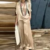 Kvinnors tvåbitar byxor 2023 Casual Loose Sets Elegant Satin Solid Color Outfits Sexig V-Neck Half Sleeve Top med lång kostym