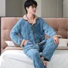 Men's Sleepwear Thick Pajama Set Winter Fleece Soldi Long Sleeve Warm Flannel Solid Pant For Two-piece