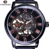 Farsining Black Bezel Red Roman Display Hollow Engraving Watches Men Top Brand Luxury Mechanical Skeleton Watch ClockWristwatch222t