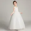 Girl Dresses Flower White Tulle Puffy Patterned Embroidery Sequin Sleeveless For Wedding Birthday Banquet First Communion Gowns