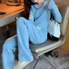 Women's Two Piece Pants Blue Sweatpants Wide Leg Pant Suits Tracksuit Set Hoodies Casual Sweatshirt Tops Women Knit Striped Sweaters Jacket