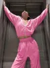 Calças femininas de duas peças 2023 outono conjunto de duas peças rosa pleuche manga longa com zíper hoodies topo elegante calças largas perna ternos esportivos
