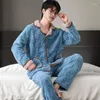 Men's Sleepwear Thick Pajama Set Winter Fleece Soldi Long Sleeve Warm Flannel Solid Pant For Two-piece