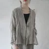 Kadın Ceketleri Johnature Kadın Kırışmış Keten Ceket Vintage V-Beeck Uzun Kollu Düz Renk Gevşek 2023 Sonbahar Çin tarzı takım elbise hırka