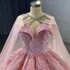 Roze Glanzende Off Schouder Glinsterde Quinceanera Jurk 2024 Volumineuze Pailletten Kralen Met Cape vestidos prom vestidos de baile jurk