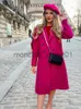 Women's Wool Blends Rose Red Double-breasted Lapel Trench Coat Women Autumn Winter Long-Sleeved Loose Female Long Coats Elegant Office Lady Wear J230925