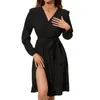 Casual Dresses Women Fall Long Sleeve V Neck Dress Solid Color Mini Swing Split Party Wedding With Belt