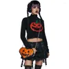 Suéteres para mujer Halloween Cabeza de calabaza Peluche de punto Mujeres Otoño Invierno Crop Tops Cuello alto Manga larga Jerseys delgados Monos