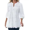 Damesblouses zomerkleding voor vrouwen all-match witte v-neck holle out pullover negen punten mouw blouse kant slanke elegant shirt tuniek