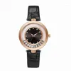 Horloges Mode Vrouwen Lederen Band Jurk Klok Dames Armband Quartz Polshorloge Luxe Goud Zwarte Riem Kristal Wijzerplaat Casual