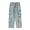 Sidficka tvättade ljusblå baggy jeans för män raka casual denim byxor överdimensionerade lastbyxor