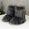 Päls snöstövlar, platta klackar, hög toppimitation Raccoon Fox päls, vinterisolering, medelstora stövlar, kvinnors skor 230925