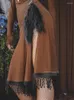 Scene Wear Brown Latin Dance Dress Sexig V-ringning Långärmad Tassel Tävling Kostym Chacha Tango Dancing Performance Clothes VDB7366