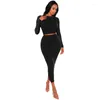 Fatos de treino femininos 2 peças roupas vestido casual outono manga longa colheita camisola topos malha com nervuras maxi bodycon conjunto saia