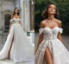 Elegant Plus Size Bohemian A Line Wedding Dresses for Bride Off Shoulder Sweetheart Lace Applique Short Sleeves Court Train Tulle High Side Split Bridal Gowns