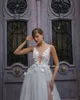 En dentelle Robes de mariée sans dos côté cotes nuptiales divisées 3D appliqués cuirs transparent un colocinement une ligne tulle sweep vestido de novia 407