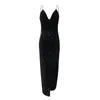 Casual Dresses Sleeveless Long Sequin Dress Women High Slit Spaghetti Strap Sexy V Neck Club Party Maxi Black Sequined Vestidos Elegant