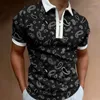 Camisa polo masculina de manga curta estampada slim fit com zíper gola casual