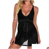 Yoga Outfit 2021 Y Lingerie Women Balck Perspective Gauze Lace Splice Chemise Deep V-Neck Erotic Lstry Costumes Drop Delivery Sports O Dhkad