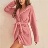 Women's Sleepwear Solid Shower Kimono Robes Hooded For Women Long Sleeves Towel Bathrobe With Waist Girdle Female Cotton Home Wear