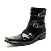 Handmade Men Western Ankle Boots Black Genuine Leather Cowboy Boots Square Metal Toe Buckle Punk Shoes Botas Masculino