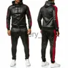 Heren Trainingspakken Nieuwe Heren Pu Lederen Hoodies Set Casual Sweatsuit Capuchon En Broek Joggingpak Trainingspakken J230925