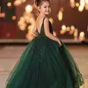 Robes de fille en dentelle vert foncé, robe de bal à fleurs, en Tulle, dos nu, robes de spectacle d'anniversaire pour enfants, de mariage