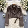 Frauen Leder Koreanische Frauen Kurze Faux PU Mantel Mit Gürtel Frühling Herbst Schlanke Revers Langarm Weibliche Motorrad Biker Jacke streetwear