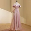 Robes de soirée robe de soirée rose manches courtes plissé longueur au sol paillettes à lacets a-ligne Tulle col bateau formelle femme B2785