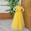 Gelbe muslimische Ballkleider mit Perlen, Illusion, langärmlig, formelles Kleid, geschwollenes Kaftan, Vestidos De Fiesta