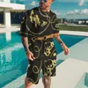 Herrspårar Summer Snabbtorkning Sport Set 2-stycken 3D-tryck Guldlinje Black European Luxury Style T-Shirt Beach Pants