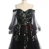 Party Dresses Evening Black Tulle Floral spetsar från axelhalvhylsorna Pleat A-Line Court Train Plus Size Women Dress LX232