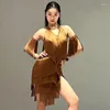 Robe de danse latine pour femmes, tenue de scène, Costume de spectacle sexy, pompon marron, Cha Rumba Samba, compétition NV18610