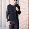 Men's T Shirts Fashion Korean Men Slim Long Sleeve T-Shirt Casual Pu Leather Patchwork Pullover Tops High Street Autumn Black Shirt