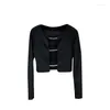 Women's T Shirts PREPOMP 2023 Autumn Collection Long Sleeve Round Neck Diamonds Strip Hollow Out Black Slim Knitted Shirt Women GL200