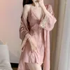 Women's Sleepwear Women Nighty&Robe Set Sexy Lace Nightgown Summer Bathrobe Gown Suit Female Silky Satin Home Dress Lingerie