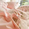 Ensembles de literie coton romantique français mariage chic fleurs dentelle bord femme ensemble de luxe lavé filles housse de couette drap de lit