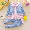 Clothing Sets 2023 Spring Fall Baby Girls 3 Pcs Set Infant Kids Lovely Lace Denim Jacket Embroidered T-Shirt Pants Children Clothes