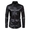 Camisas casuais masculinas camisa elegante seda como cetim manga longa slim fit cor sólida lapela botão para baixo negócio formal