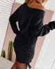 Womens Hoodies Sweatshirts Women Solid Color Dress Long Sleeve Casual Shirring Soft Pullover Breathable Drawstring Sexy Female Dresses 230925