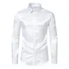 Camisas casuais masculinas camisa elegante seda como cetim manga longa slim fit cor sólida lapela botão para baixo negócio formal
