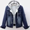 Kvinnorjackor 2023 Autumn Winter Women Denim Coats Velvet Warm Thick Hooded Jeans Kortjacka Kvinnlig vintage Blue Cowboy Overcoat Outwear 5XL J230925