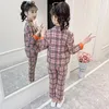 Kläder sätter koreansk version Vintage Greenpink Plaid Jacket Pants Suit Girls Simple Fashion Double Breasted Tops Trousers 2st Set 6-14Y