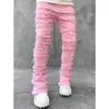 Jeans da uomo con frange skinny Hiphop Bordo grezzo Patch elastica Punk Rock Pantaloni attillati lunghi in denim impilati Blu Rosa Streetwear 230925