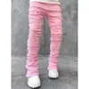 Herren Jeans Skinny Fringe Hiphop Raw Edge Elastic Patch Punk Rock Long Tight Fit Stacked Denim Hose Blau Rosa Streetwear 230925