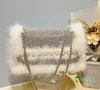 New Evening Bags For Women Luxury Designer Handbags Mini Flap White Fur Silver Rhinestone Crossbody